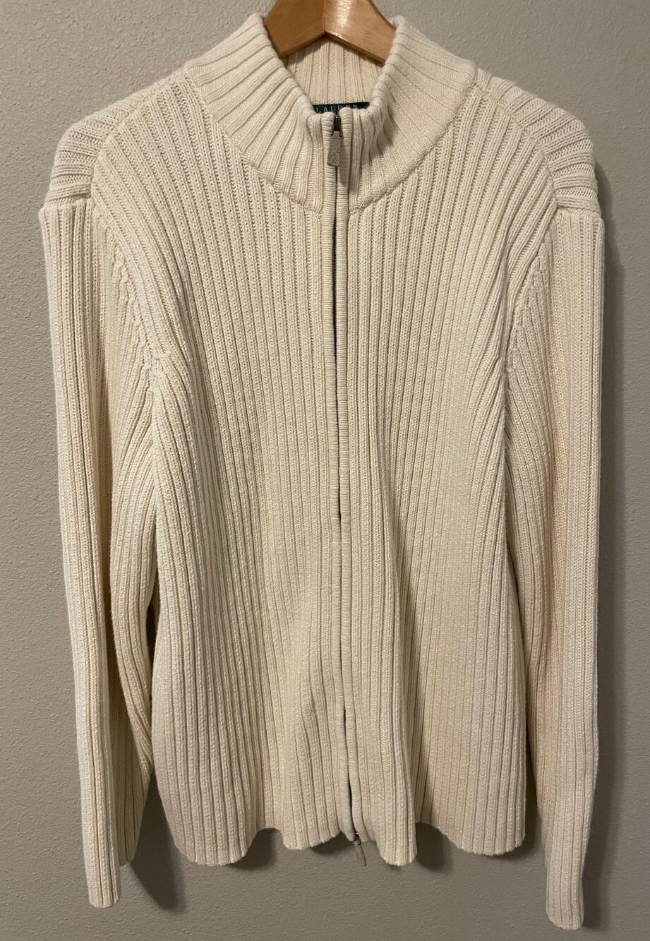 Lauren Ralph Lauren Cardigan Sweater Womens 2X White Cotton Full Zip Rib Stretch